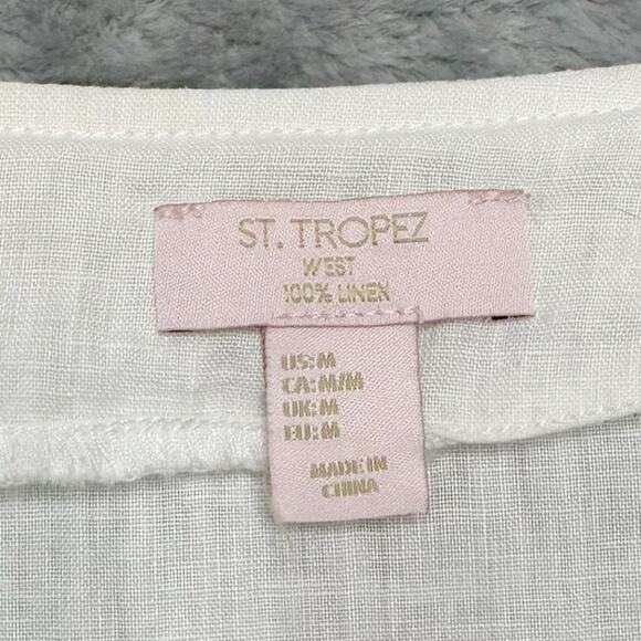 Saint Tropez West Linen Metallic Embroidered Pop Over Blouse Top White Gold Sz M - Picture 7 of 8